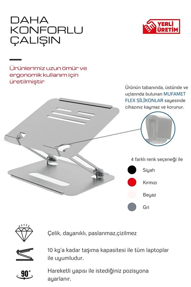 Tüm Modellerle Uyumlu Metal Kolay Ayarlanır Katlanabilir Ergonomik Gri Notebook Standı